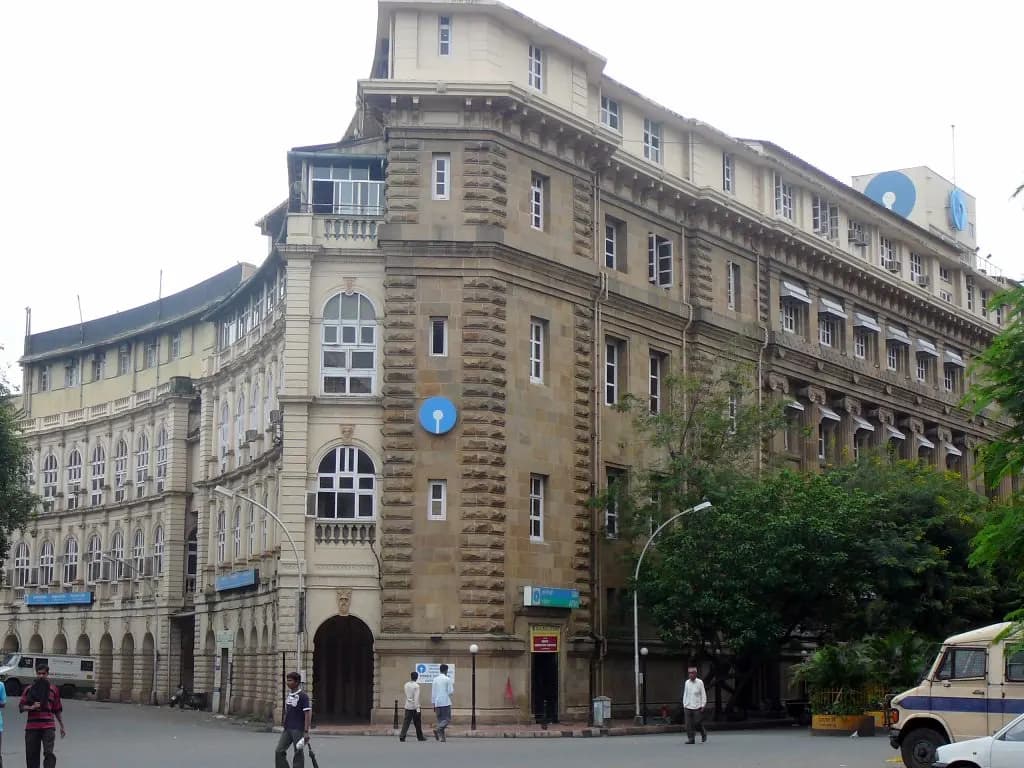 The stone facade of the State Bank of India main branch in Mumbai