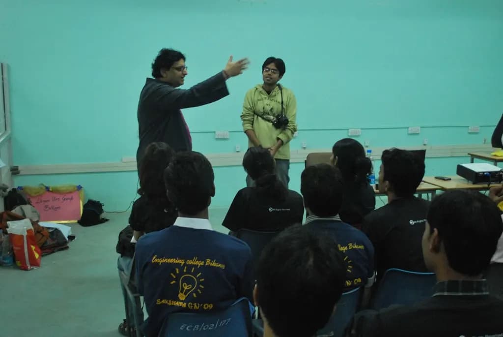 Engineering students at a college in Bikaner listening to a speaker during a technology workshop
