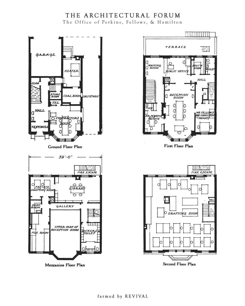Printed architectural floor plans of an office building