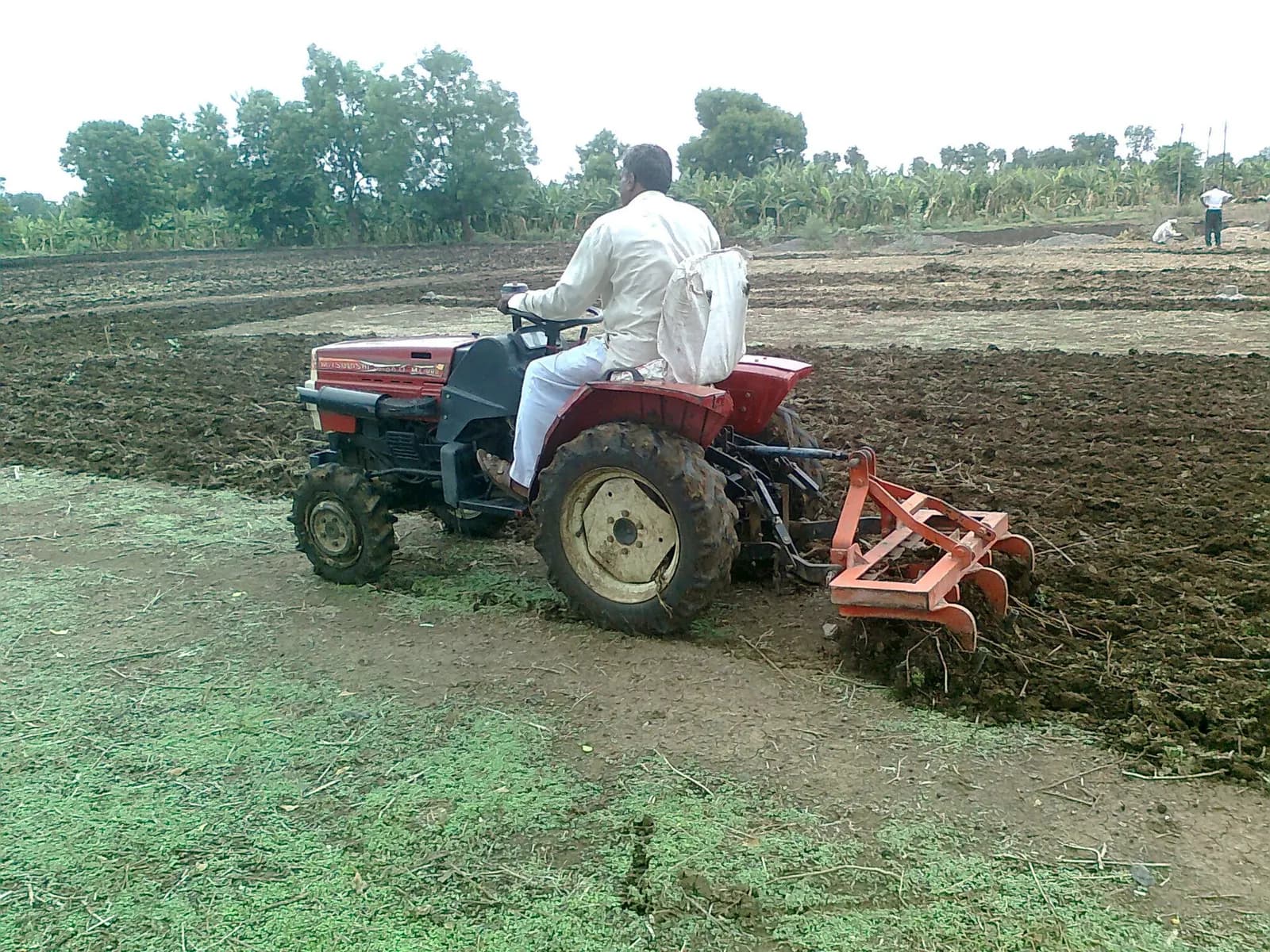 A farmer driving a small mini-tractor pulling a cultivator across a field