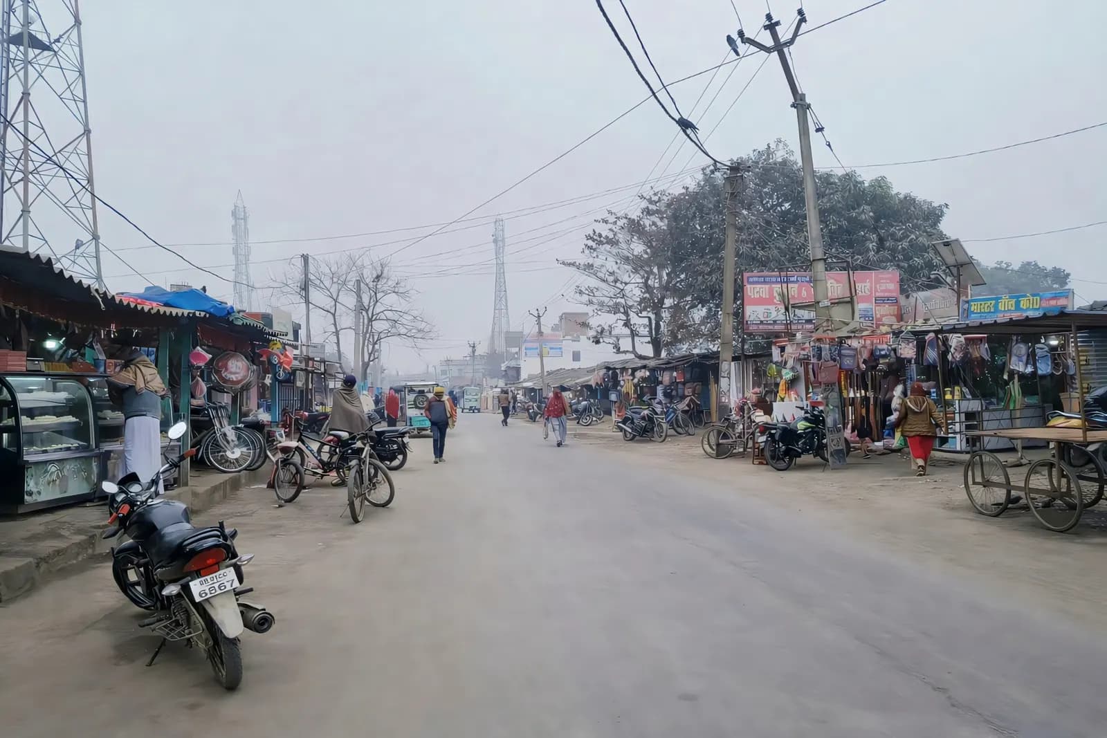 Shops and a market street at Kaluahi Chowk in Madhubani district, Bihar