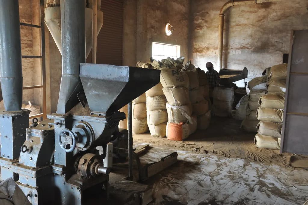 Grading and bagging machinery inside an Indian tea factory, with sacks stacked on the floor