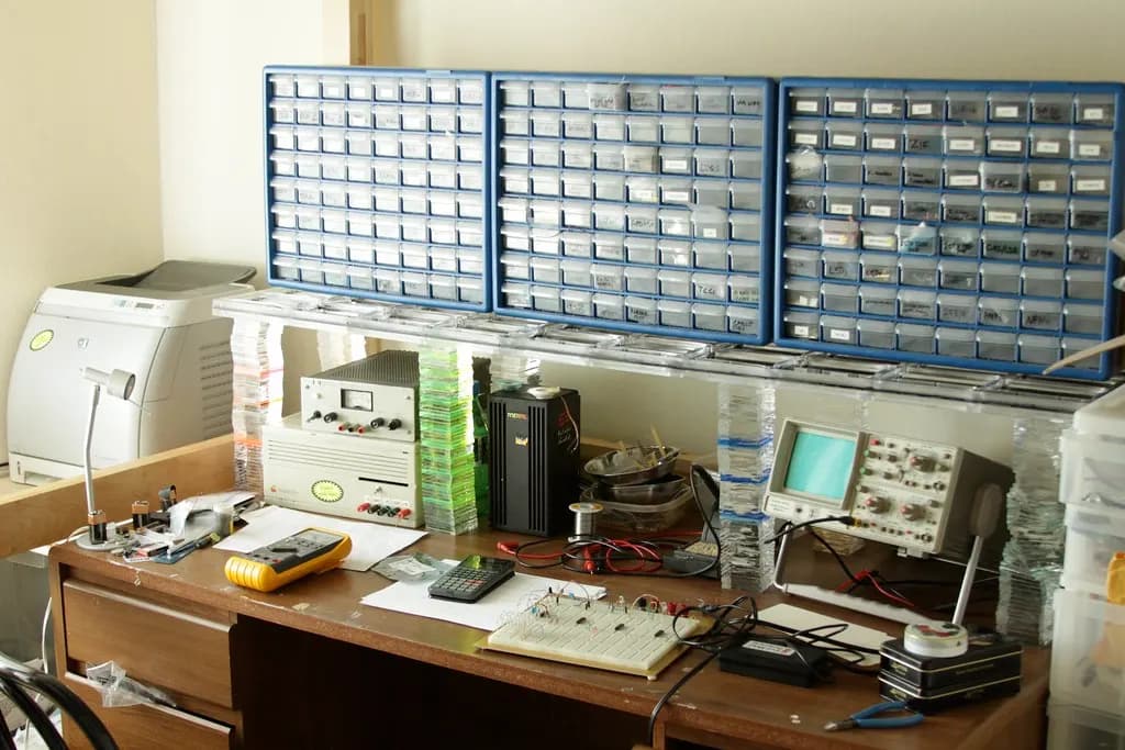 An electronics development bench with an oscilloscope, bench power supply, breadboard prototype, multimeter and drawers of components