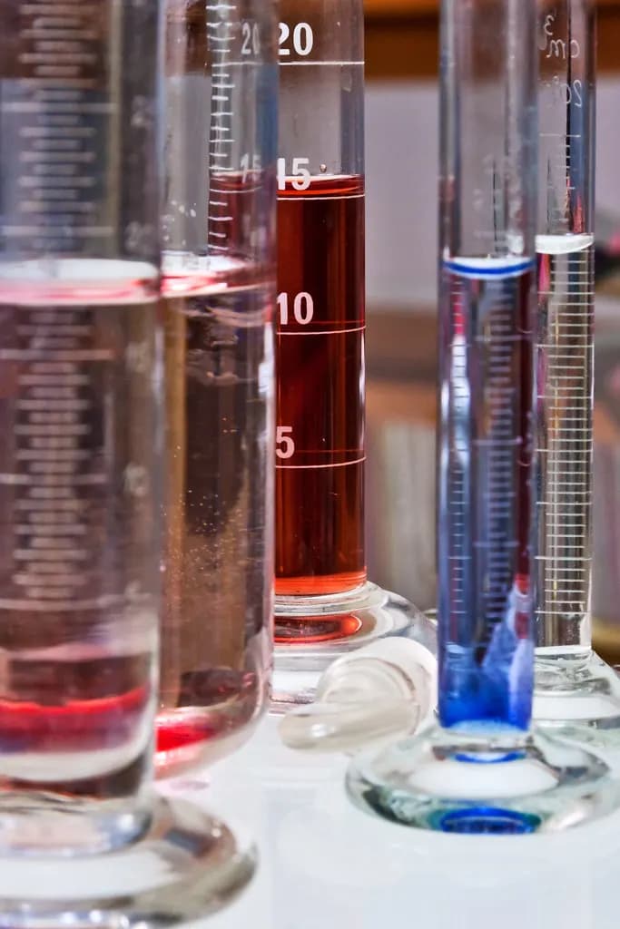Graduated glass measuring cylinders holding red, clear and blue liquids on a laboratory bench