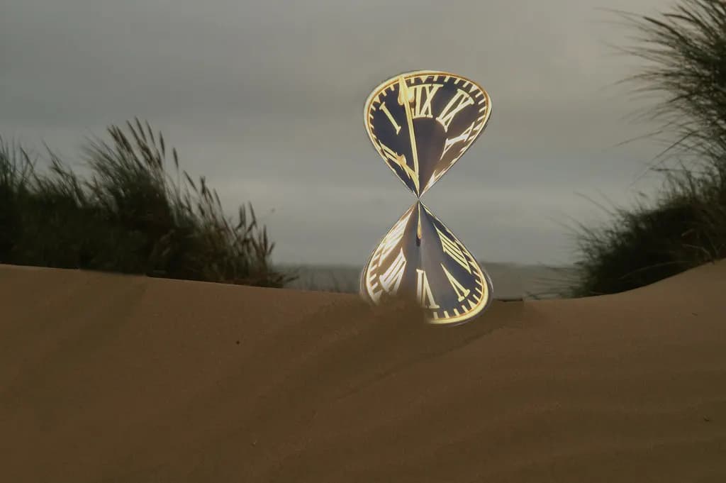 A clock face twisted into an hourglass shape standing in sand dunes