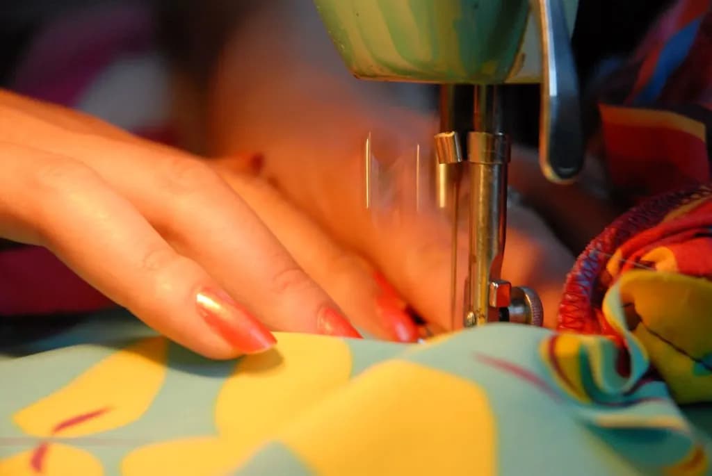Hands guiding brightly patterned fabric through a sewing machine