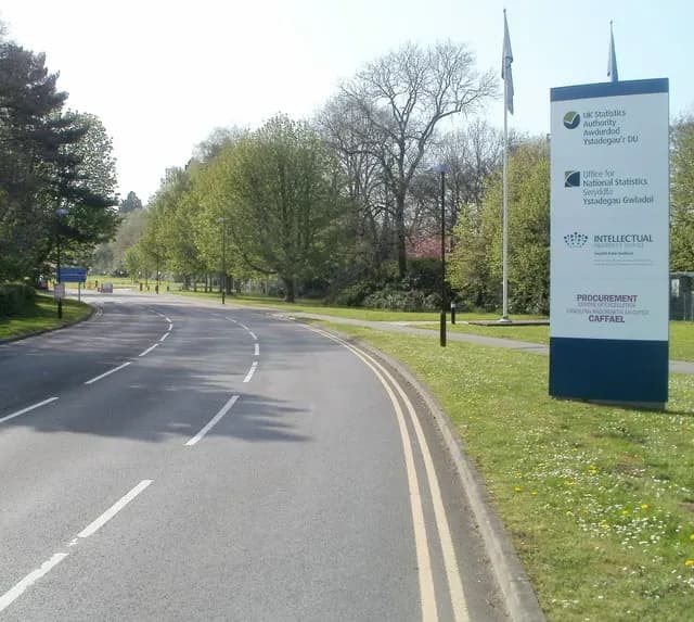 Entrance road to the government office site in Newport, South Wales, shared by the Intellectual Property Office and the Office for National Statistics