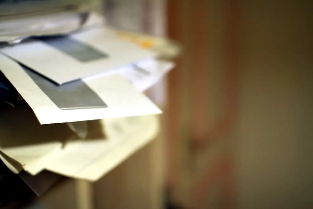 A pile of paper invoices, letters and forms on a desk