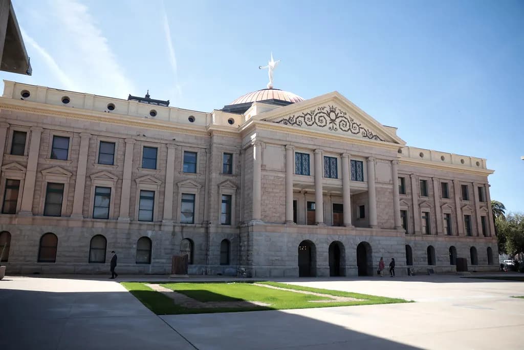 The Arizona State Capitol in Phoenix with its copper dome and winged figure on top