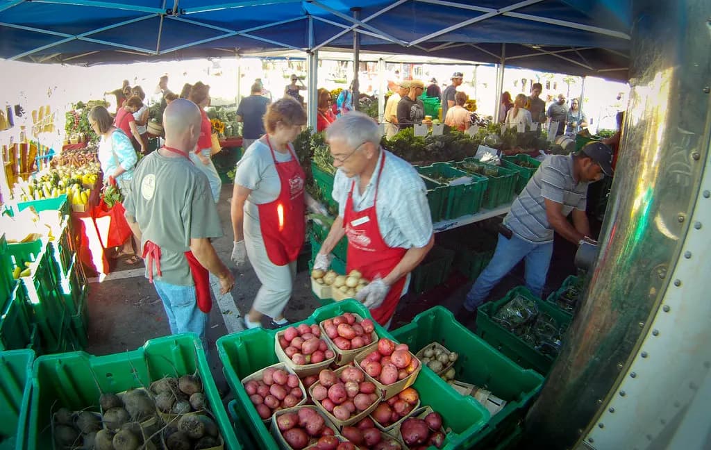 Farmers market stall under a blue canopy with crates of red and gold potatoes and vendors serving shoppers