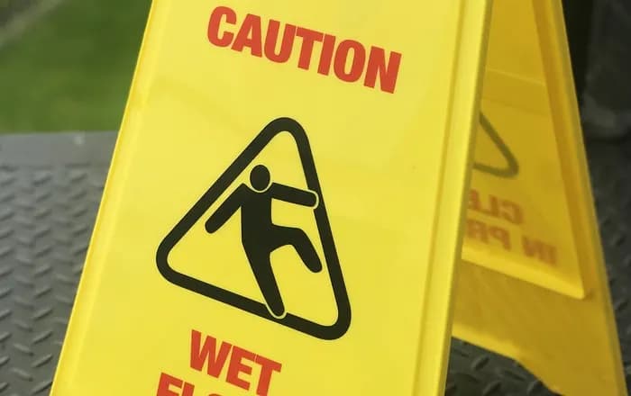 Yellow Caution Wet Floor sign with a slipping-figure pictogram standing on a metal walkway