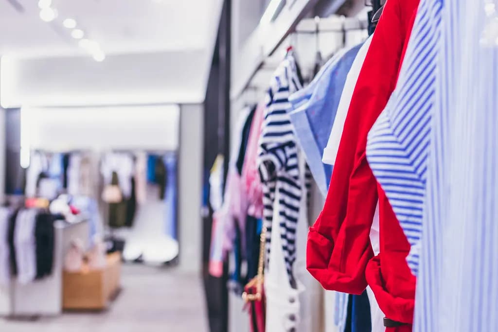 Rails of shirts and dresses inside a small clothing store
