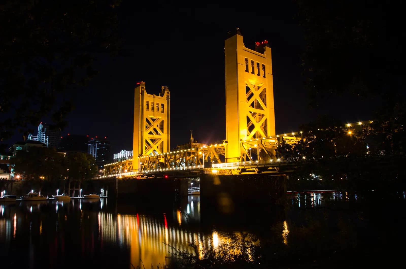 The gold Tower Bridge over the Sacramento River in Sacramento