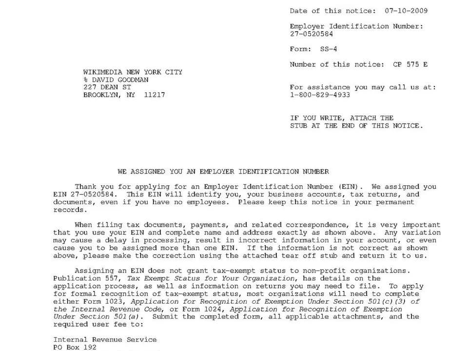 An example IRS CP 575 notice confirming a newly assigned Employer Identification Number