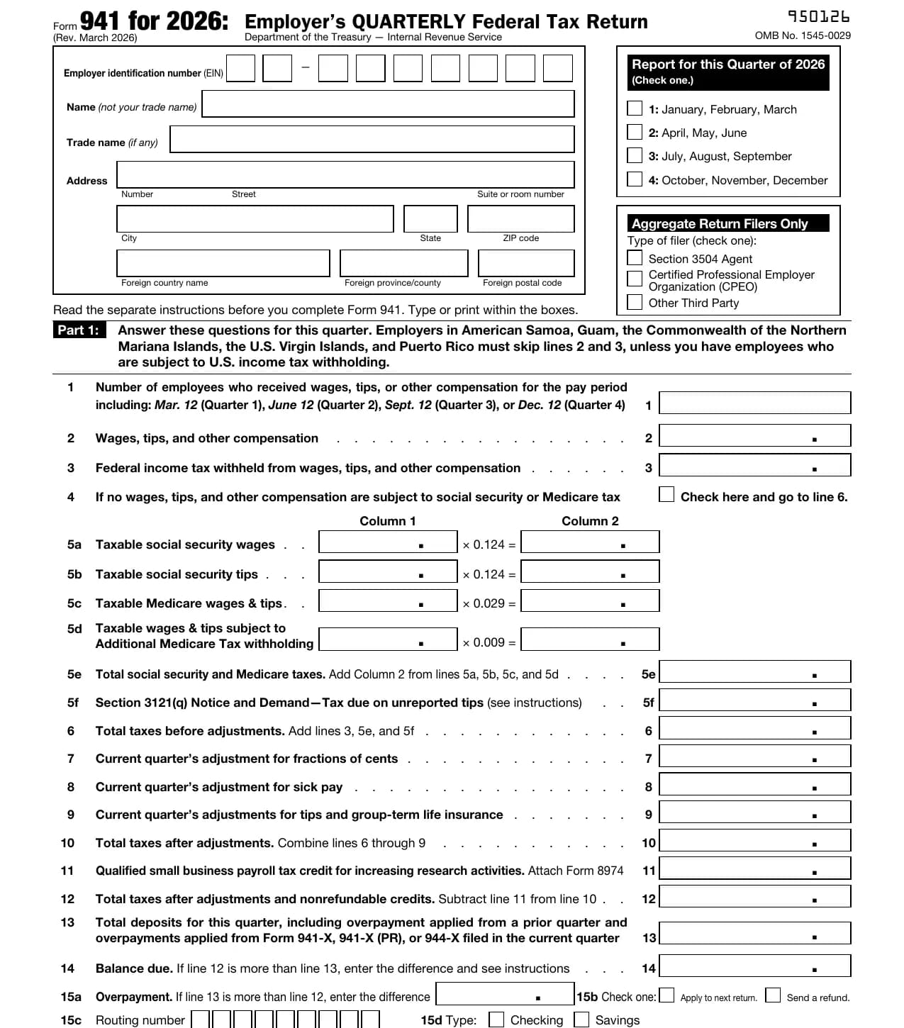 Page 1 of IRS Form 941 for 2026 (Rev. March 2026) showing the quarter checkboxes, new Aggregate Return Filers Only box, and Part 1 lines 1 to 14 including social security and Medicare tax lines 5a to 5e