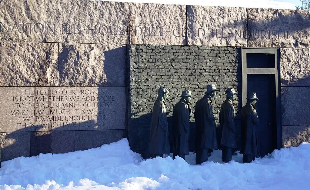 Bronze sculpture of men standing in a Depression-era breadline at the Franklin Delano Roosevelt Memorial in Washington, D.C., with snow in front