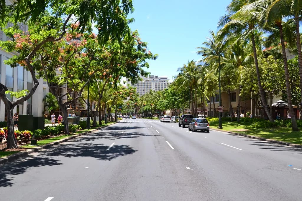 Kalakaua Avenue in Waikiki, Honolulu, lined with trees, shops and hotels