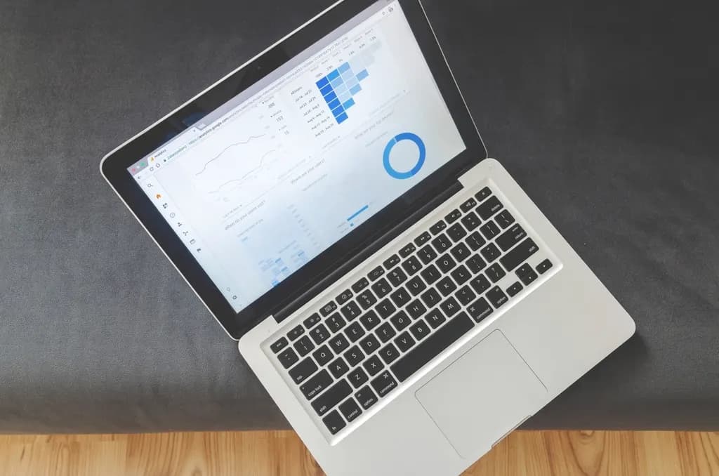 Open laptop on a dark sofa showing a web analytics dashboard with line charts, a heat map and a donut chart