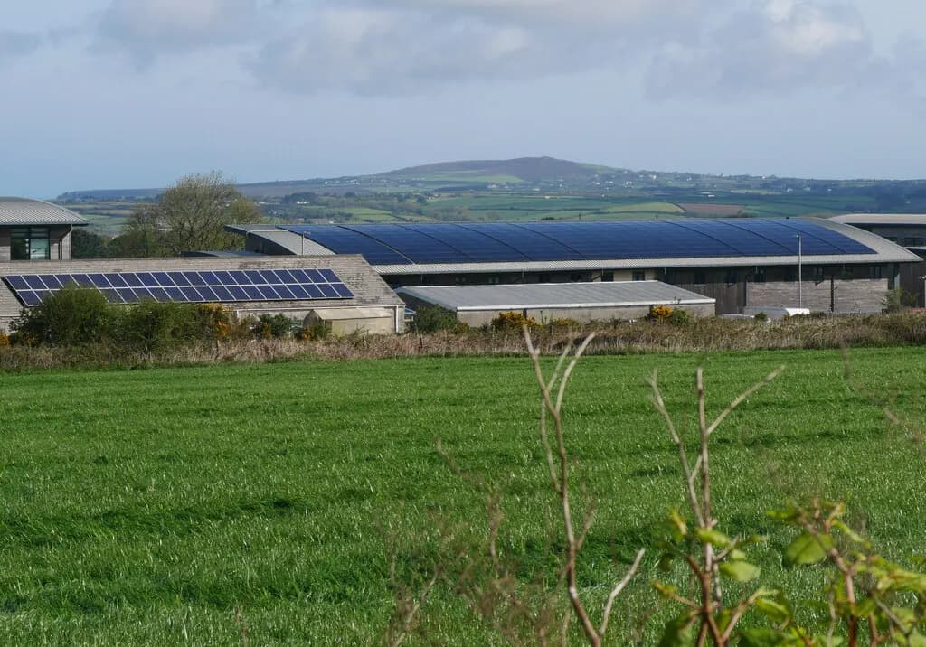 Low commercial farm buildings with solar panels covering their roofs beside a green field