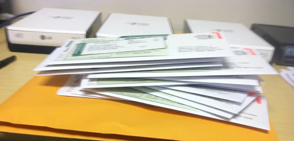 A stack of certified mail envelopes with green return receipt cards on an office desk