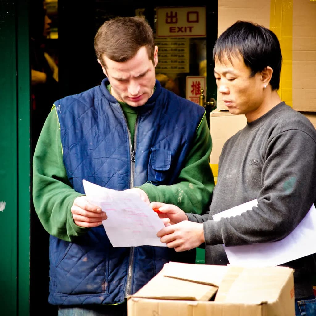Two men checking a paper invoice against a delivery of boxes outside a shop