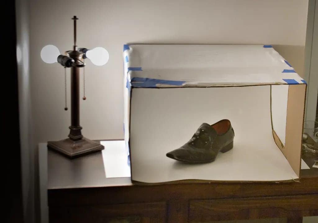A homemade light tent made from a cardboard box and white paper, with a shoe inside lit by a lamp for product photography