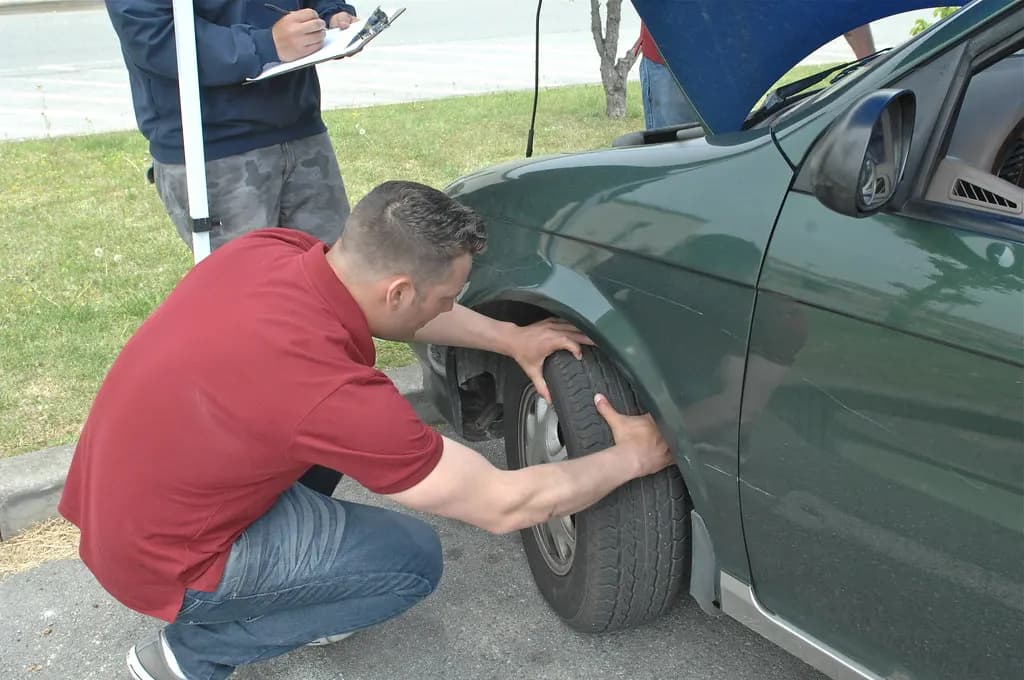 A mechanic crouching to check the tire tread on a green sedan while a colleague takes notes