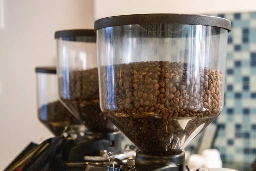 Three espresso grinders with clear hoppers full of roasted coffee beans on a cafe counter