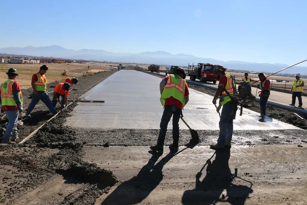 A concrete crew in high-visibility vests screeding and finishing a long freshly poured concrete slab