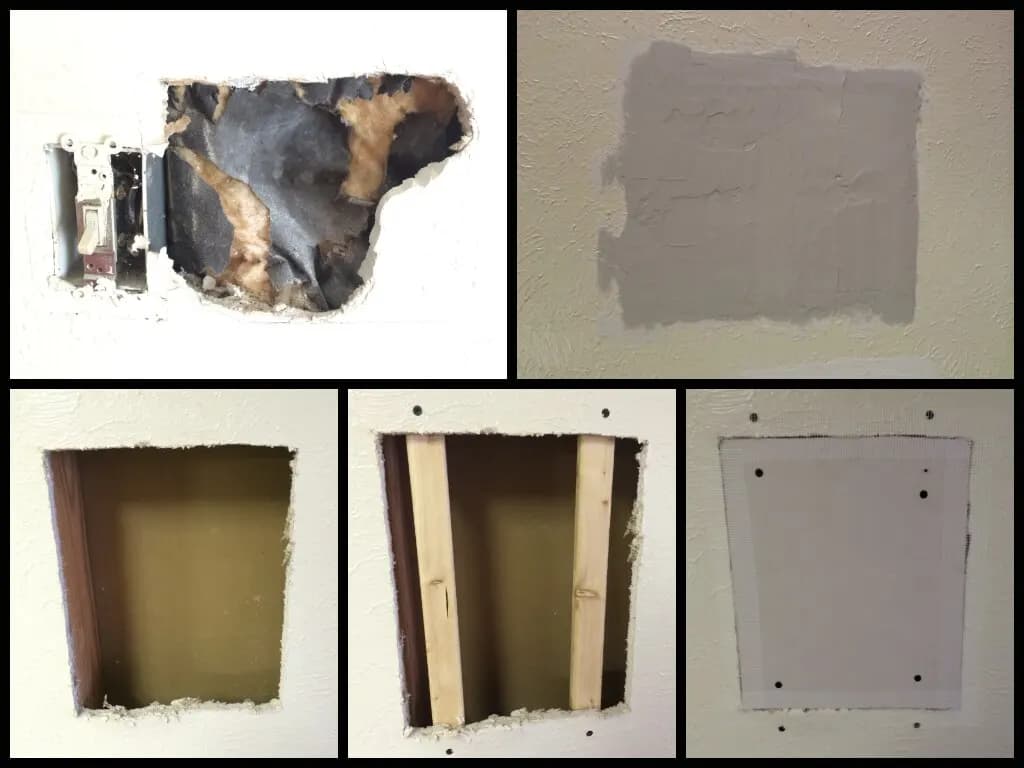 Five-step photo sequence of a drywall hole being cut square, backed with wood strips and patched