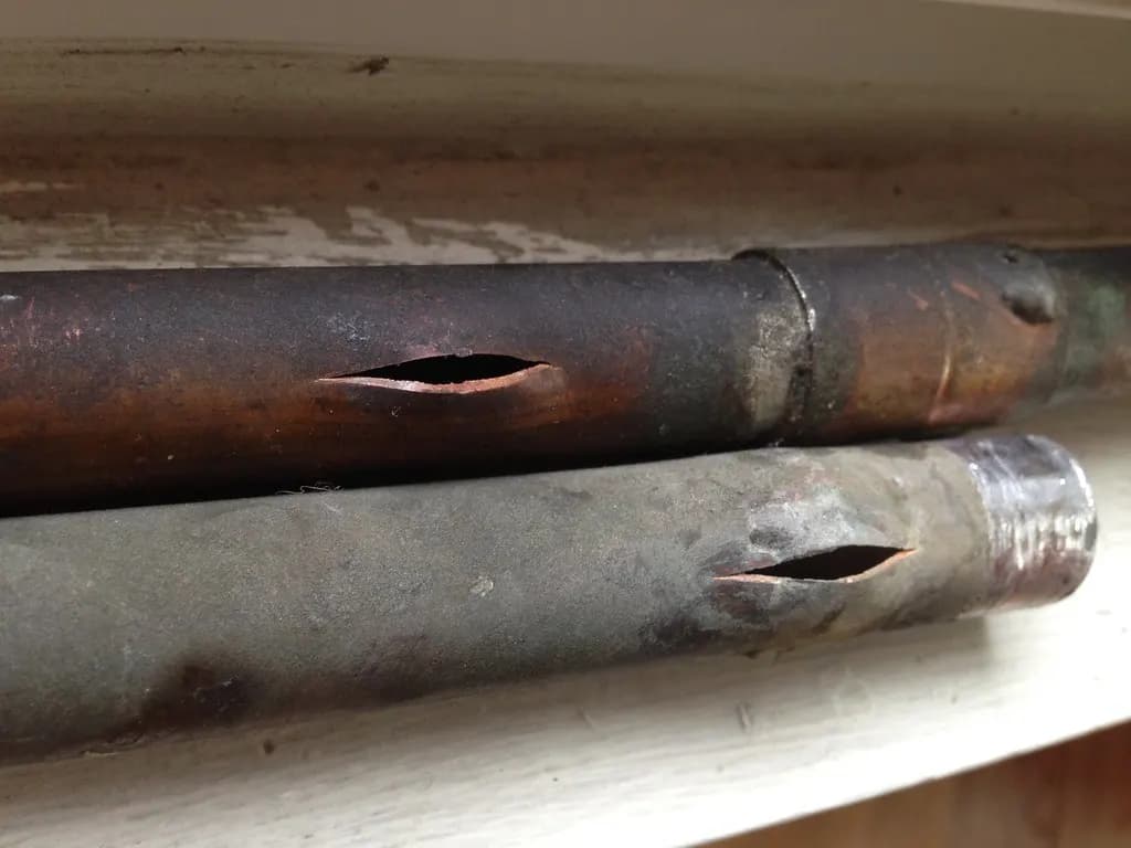 Close-up of two old metal water pipes split open where they froze and burst