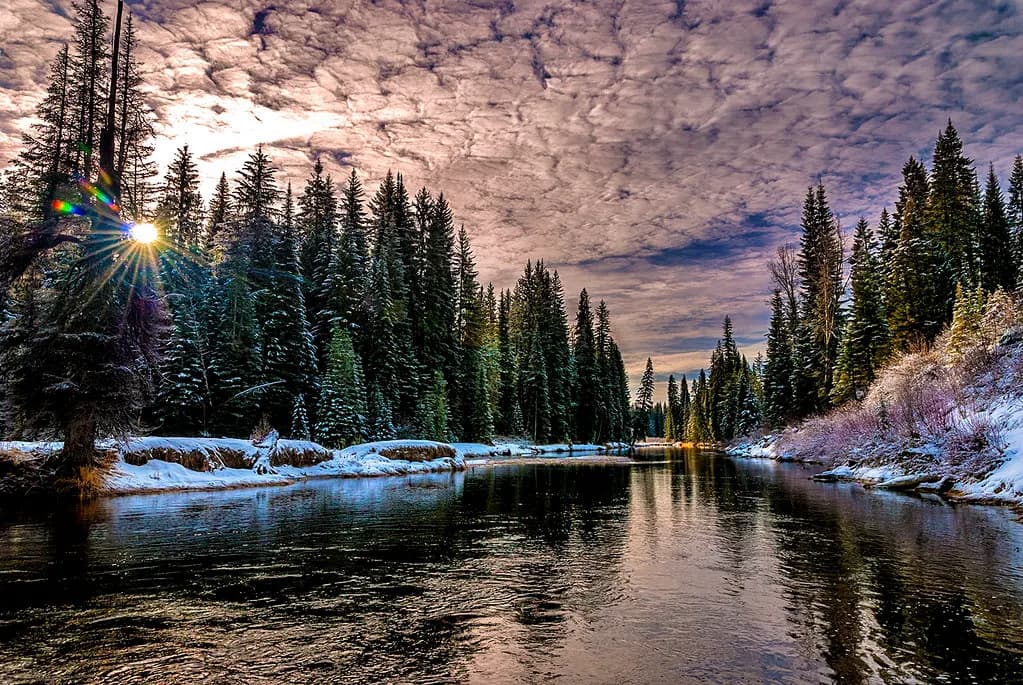 Snow-lined inlet to Payette Lake near McCall, Idaho, at sunrise