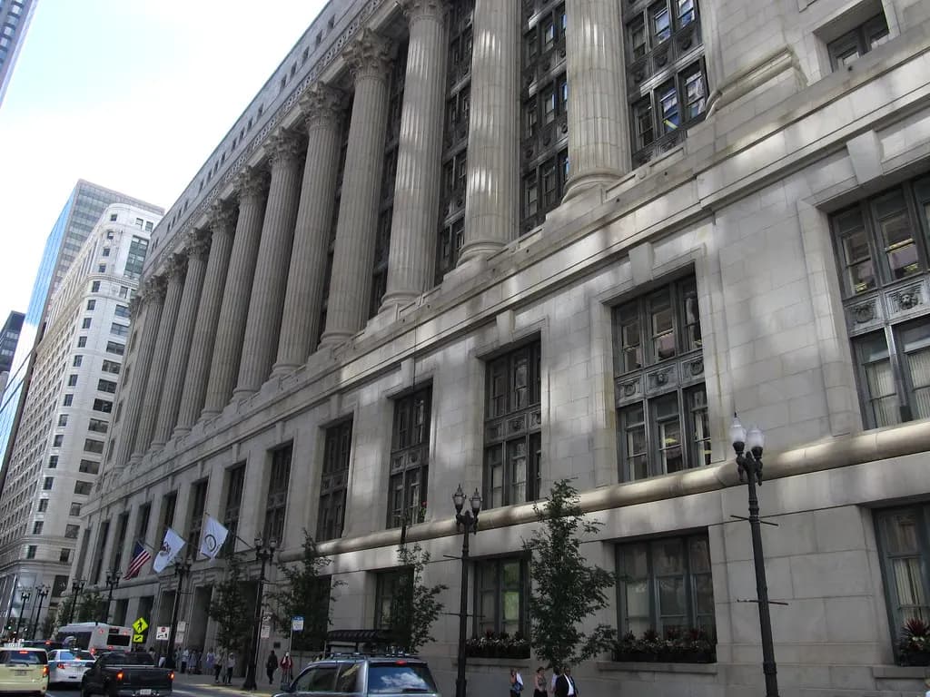 Chicago City Hall and Cook County Building on LaSalle Street, a granite neoclassical facade with tall columns