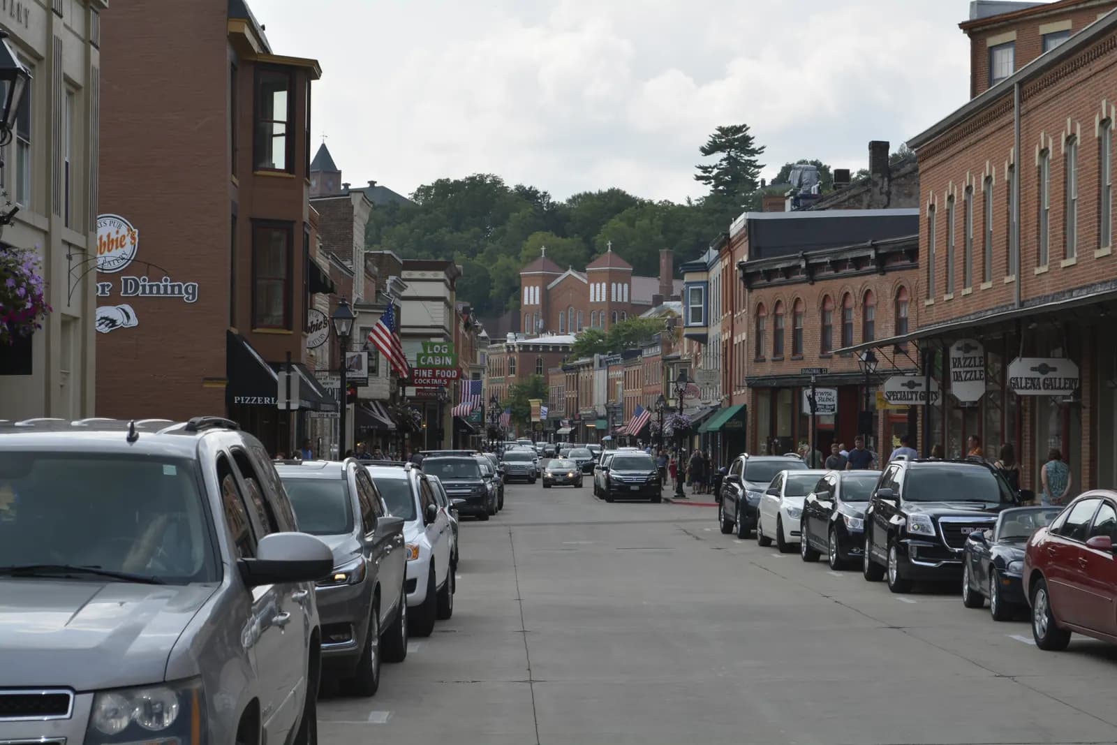 Nineteenth-century brick shopfronts along Main Street in Galena, Illinois