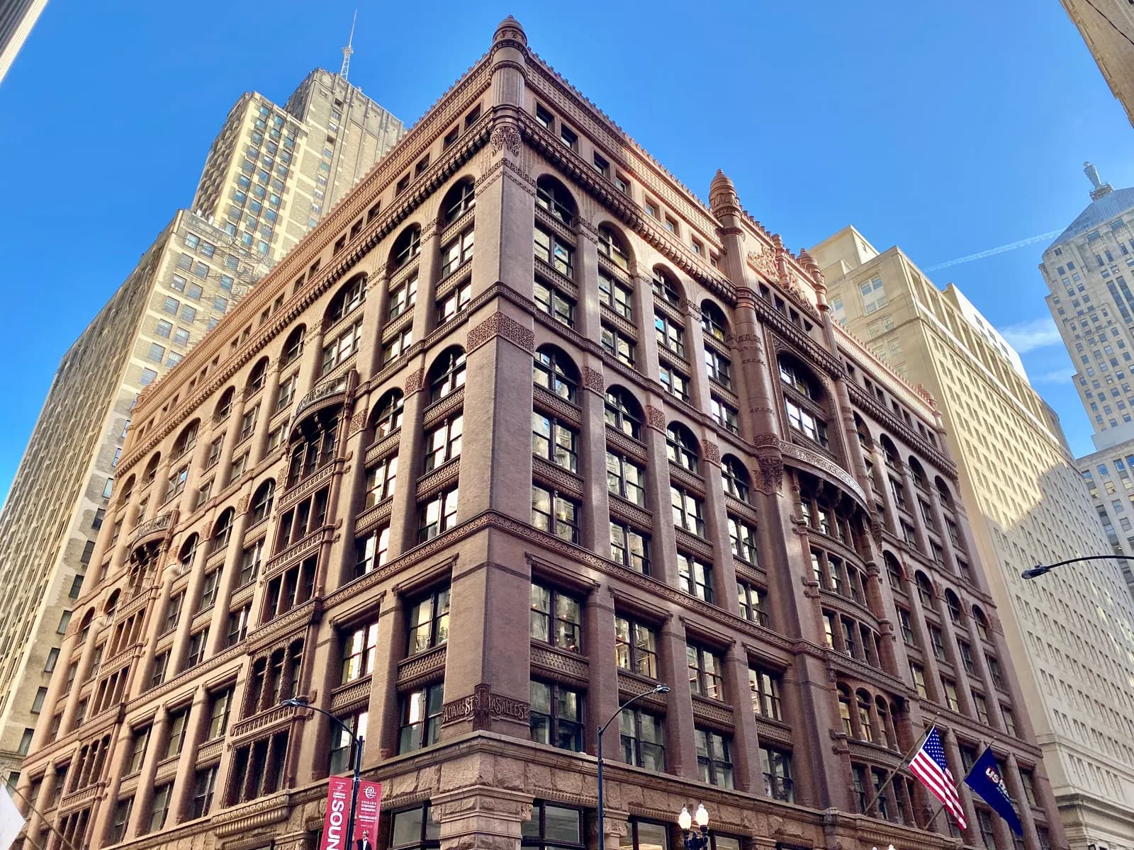 The Rookery Building, a red-brick and terracotta office building at LaSalle and Adams Streets in Chicago