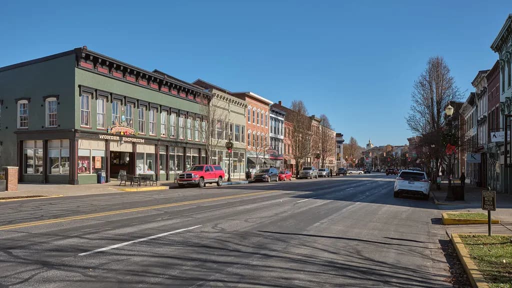Historic brick storefronts along West Main Street in Madison, Indiana