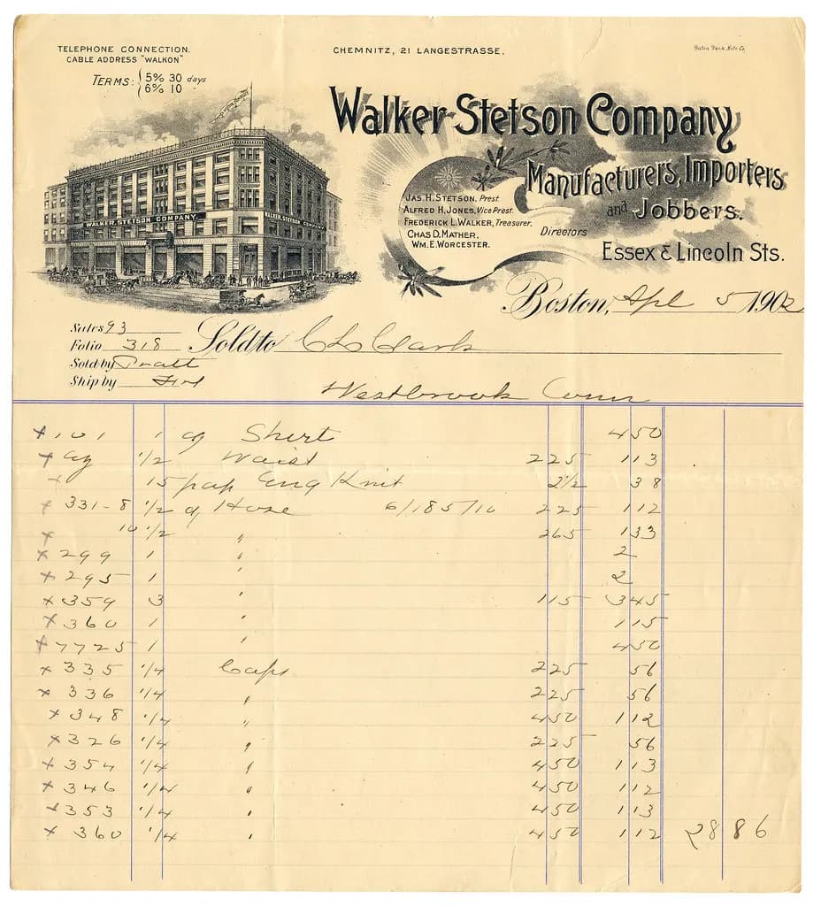 A 1902 Boston wholesaler's billhead with printed terms offering a discount for payment within 10 or 30 days