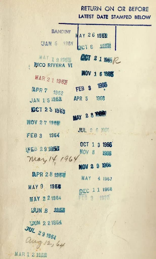 A card covered in rubber-stamped due dates under the words return on or before latest date stamped below