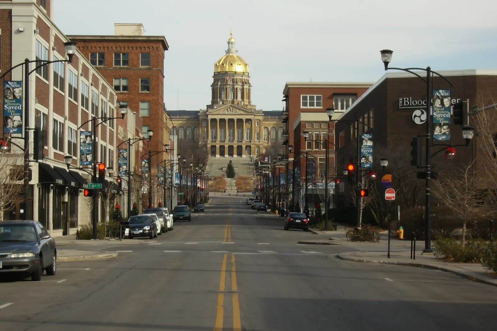 Shops and restaurants in historic brick buildings in the East Village of Des Moines, Iowa