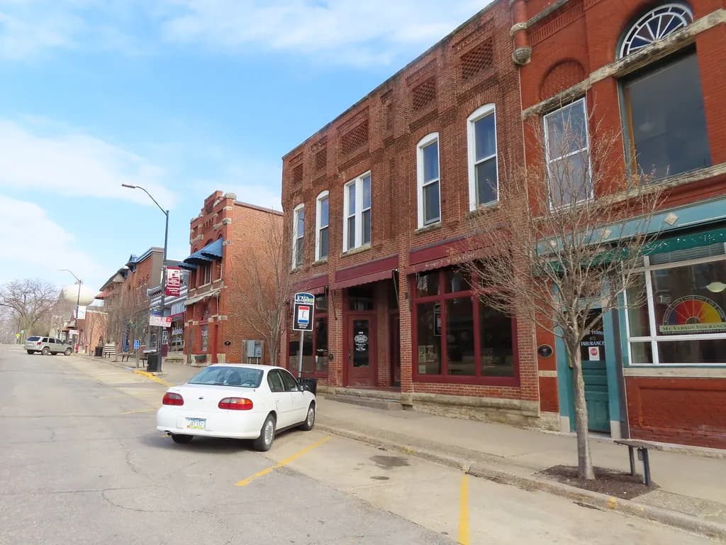 Brick storefronts along the main commercial street of Mount Vernon, Iowa