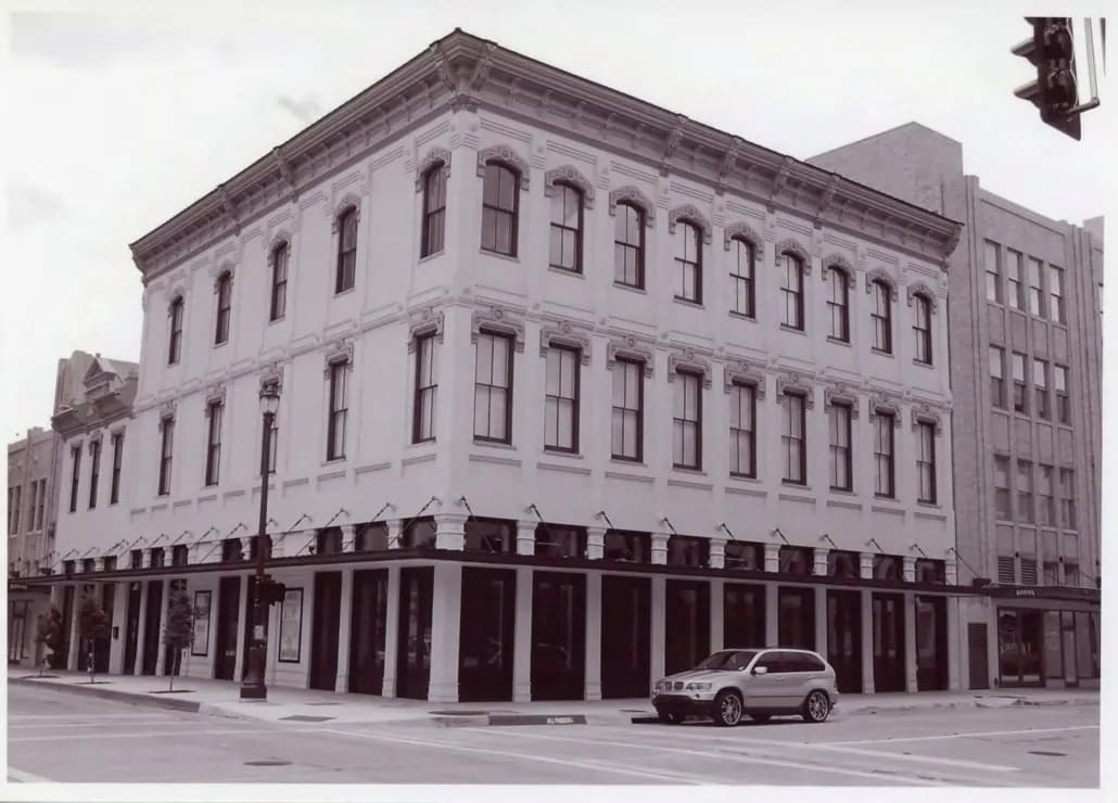 Three-story historic commercial building on a corner in the Downtown Baton Rouge Historic District