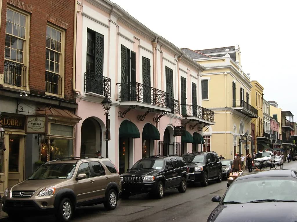 Shops with iron balconies along Royal Street in the French Quarter, New Orleans