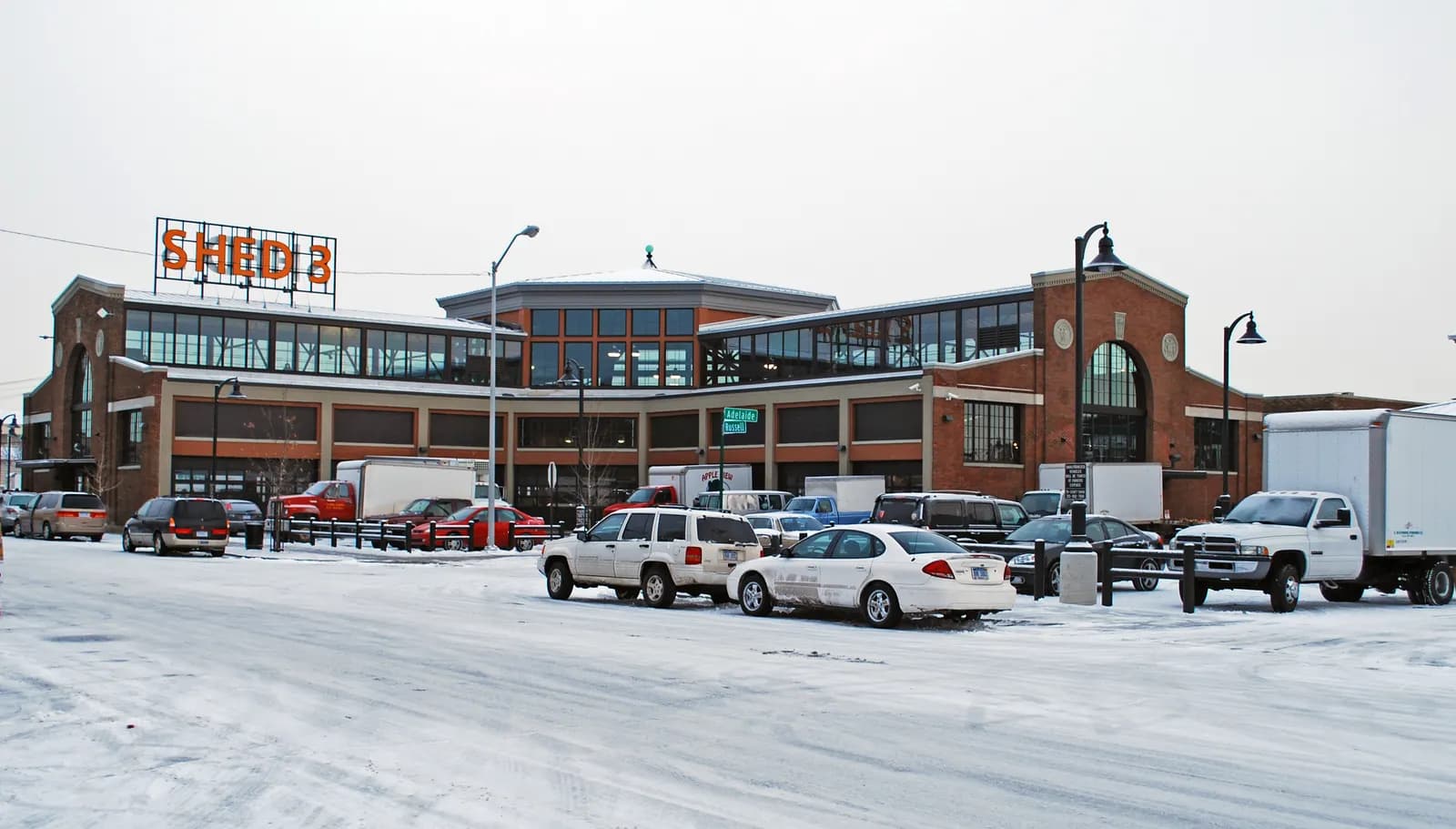 The brick Shed 3 market hall at Eastern Market in Detroit on a snowy day