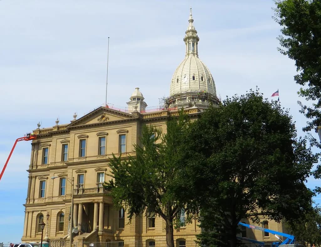 The Michigan State Capitol in Lansing with its white dome and classical facade