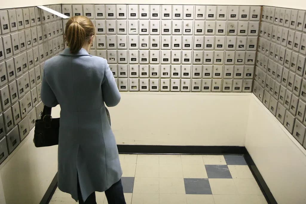 A large wall of numbered metal mailboxes