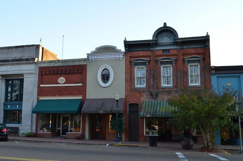Shopfronts on the south side of the courthouse square in Canton, Mississippi