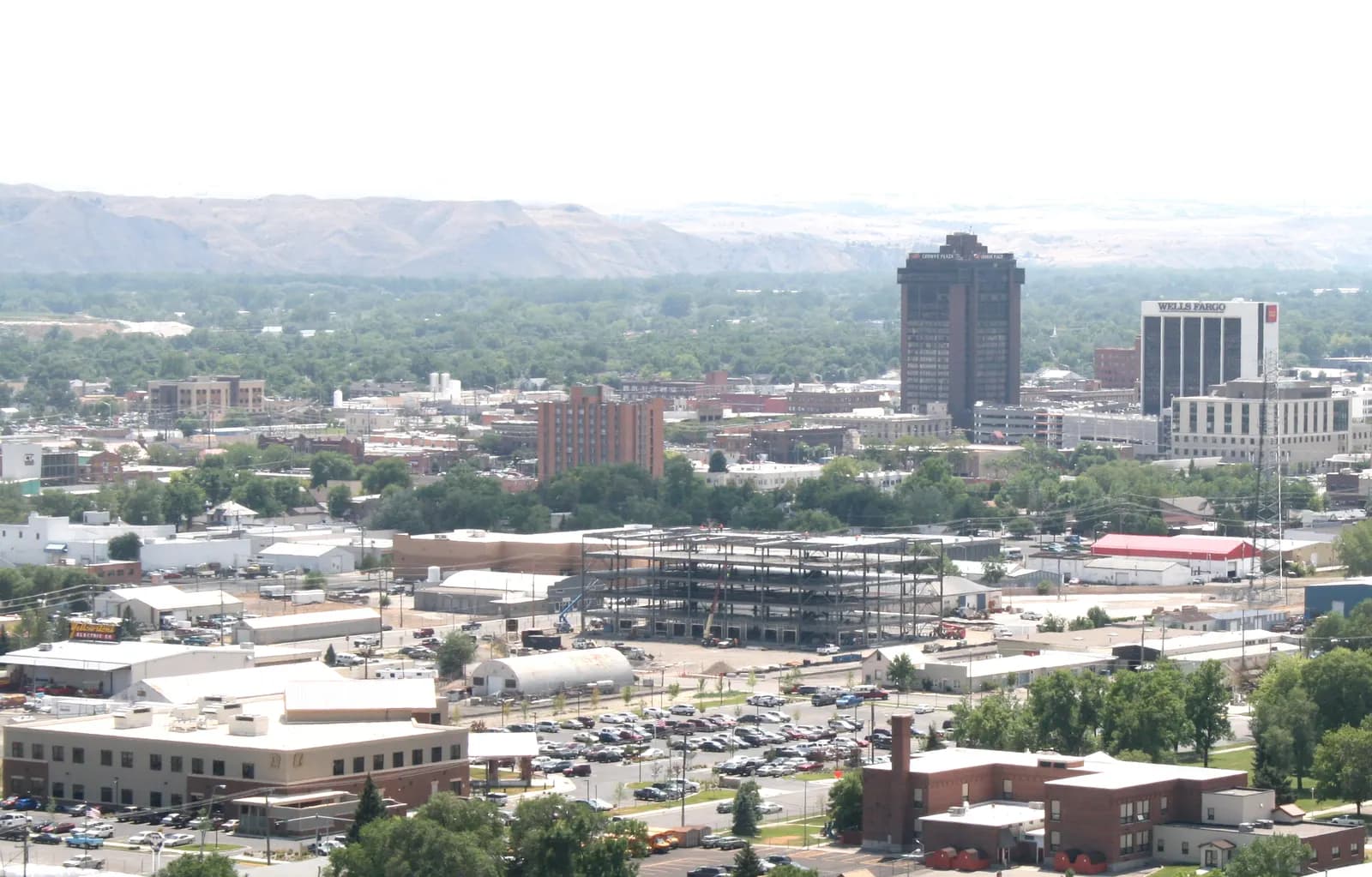 Downtown Billings, Montana, with the Rimrocks behind the city
