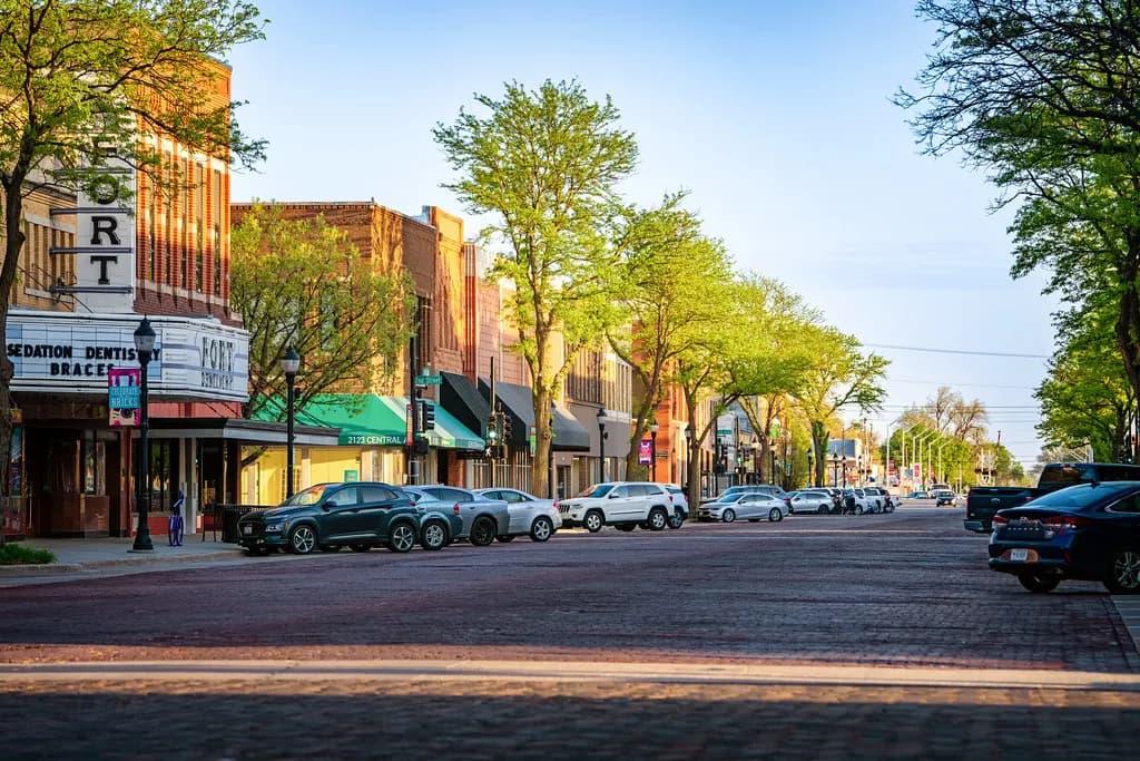Brick storefronts along Central Avenue in downtown Kearney, Nebraska