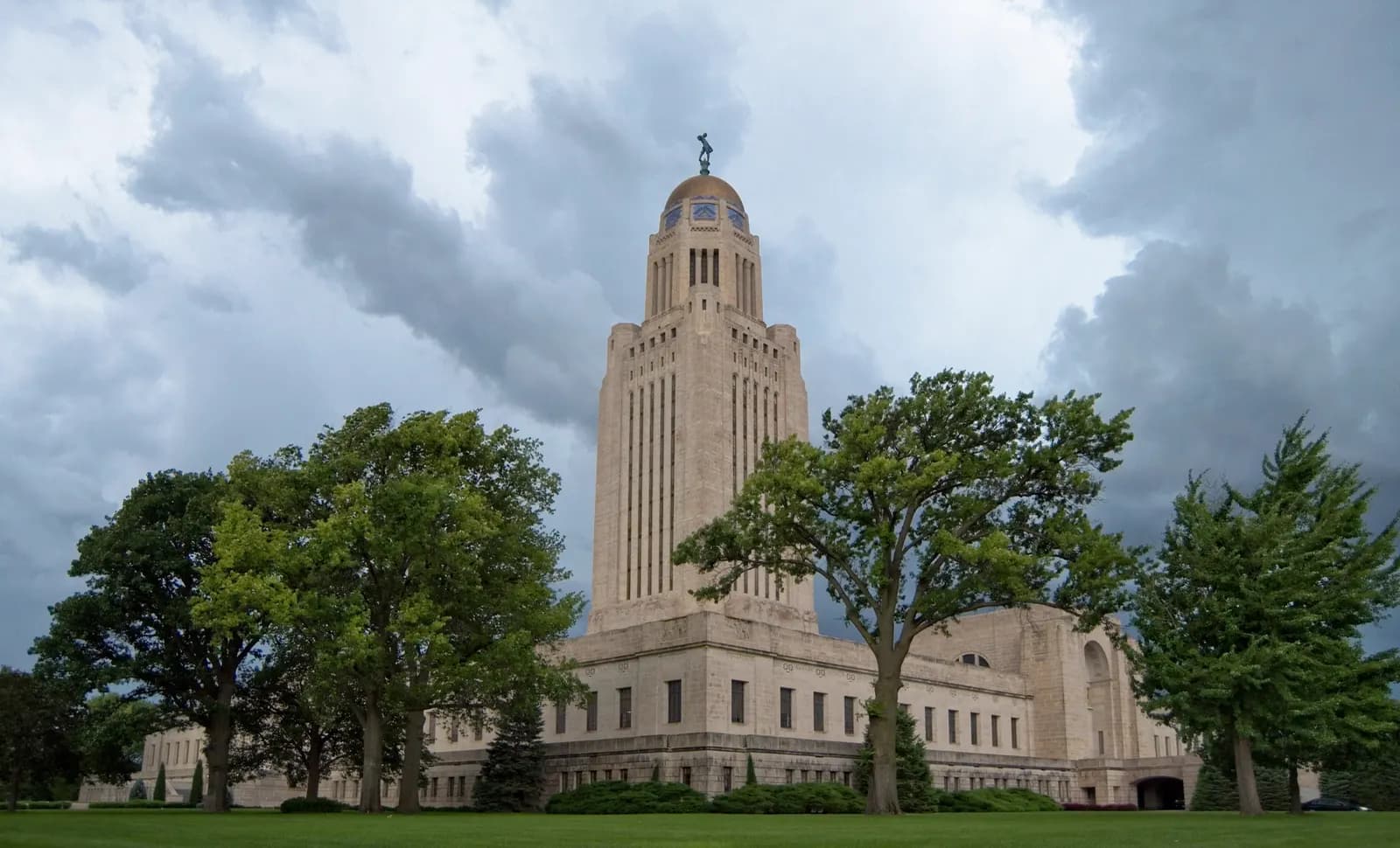 The Nebraska State Capitol tower rising above Lincoln