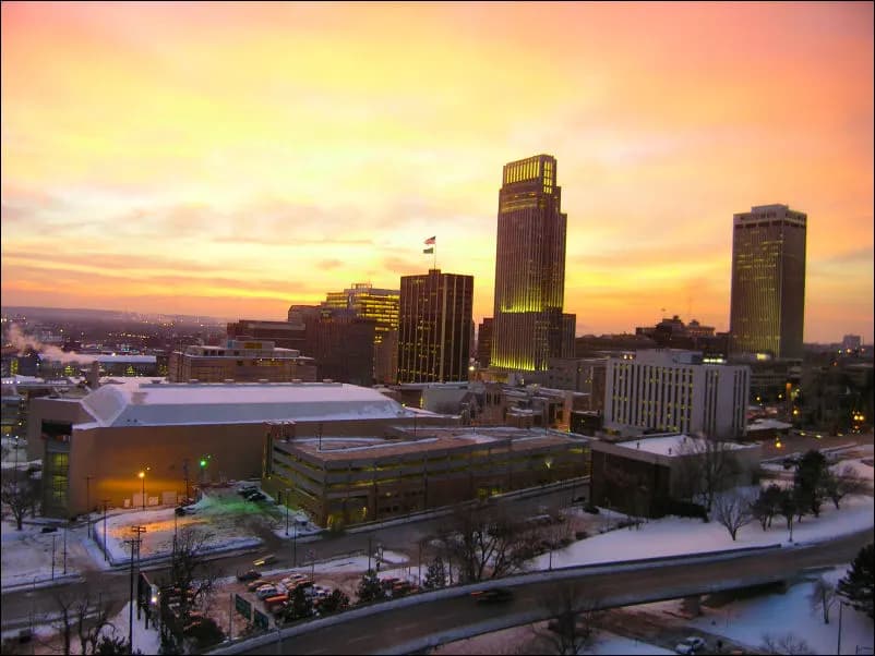 Downtown Omaha, Nebraska skyline at dawn